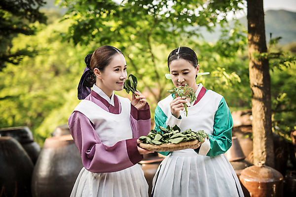 포토 JPG 주간 여자 40대 채소 식재료 서기 미소 들기 상반신 성인 야외 두명 앞모습 30대 앞치마 한국인 항아리 한복 조선시대 냄새 궁녀 상궁 성인여자만 사극 국내포토 자연요소 한국전통 전통 뷰포인트 중년 모션 표정 사람 동양인 장년 도자기 역사 전통의상 여자만 성인만 파일형식