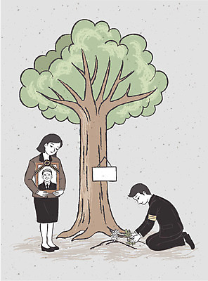 나무 여자 남자 일러스트 국화 성인 두명 슬픔 위로 장례 영정사진 장례식 조문 조문객 수목장 국내일러스트 AI파일 식물 꽃 감정 사람 파일형식 벡터