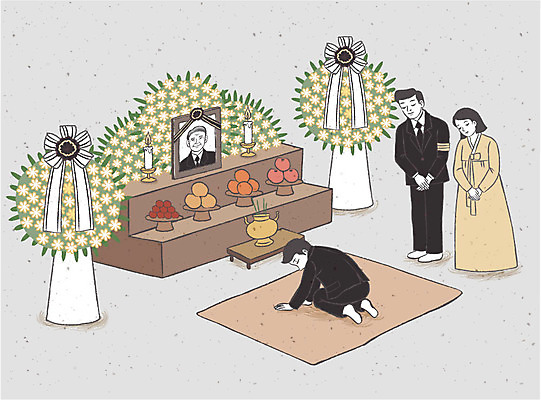 여자 남자 일러스트 국화 성인 세명 슬픔 위로 장례 상복 영정사진 장례식 조문 조문객 국내일러스트 AI파일 꽃 감정 사람 파일형식 벡터