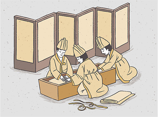 남자 일러스트 성인 세명 슬픔 관 병풍 위로 장례 상복 시신 장례식 장의사 염습 국내일러스트 AI파일 직업 감정 사람 파일형식 벡터