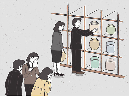 여자 남자 일러스트 여러명 성인 슬픔 손수건 위로 장례 상복 유골 유골함 장례식 조문 조문객 국내일러스트 AI파일 감정 다수 사람 파일형식 벡터