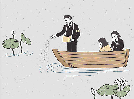 여자 남자 호수 일러스트 연꽃 성인 세명 슬픔 연못 뿌리기 손수건 위로 장례 상복 유골 유골함 장례식 선박 해양장_장례 국내일러스트 AI파일 꽃 감정 수상교통 모션 사람 파일형식 벡터