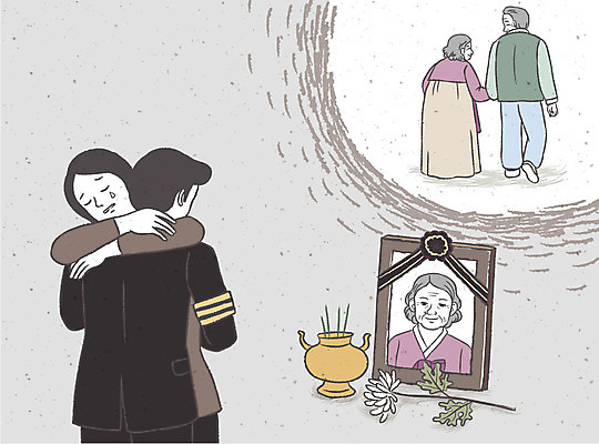 여자 노년 남자 일러스트 안기 국화 여러명 성인 슬픔 한복 눈물 위로 장례 상복 영정사진 장례식 조문 조문객 국내일러스트 AI파일 한국전통 꽃 감정 다수 모션 사람 전통의상 파일형식 벡터