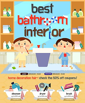 PSD 템플릿 남자 어린이 웹템플릿 이벤트페이지 이벤트 두명 인테리어 수건 카펫 머리빗 칫솔 드라이어 청소도구 세면대 화장실 샤워용품 양치컵 전동칫솔 이미지템플릿 디자인 생활용품 사람 컵 위생용품 양치 도구 미용용품 청소 페이지 파일형식