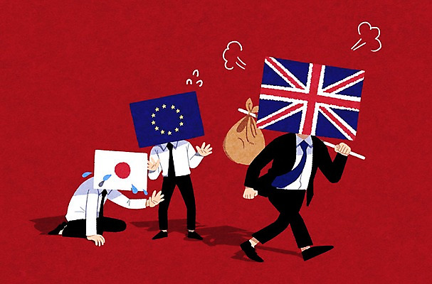 PSD 남자 일러스트 영국 정장 성인 세명 경제 분노 사회이슈 눈물 보따리 유엔 유엔기 브렉시트 국내일러스트 옷 감정 유럽 컨셉 사람 파일형식