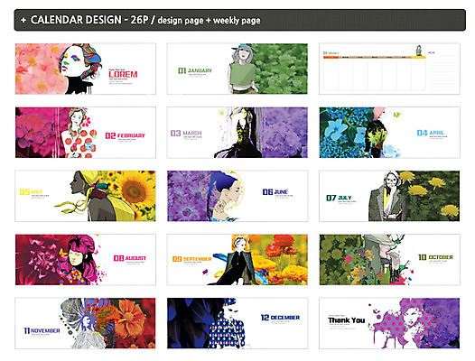 템플릿 여자 꽃 ZIP 여러명 컬러풀 뷰티 달력 탁상달력 인디자인 INDD 이미지템플릿 식물 컬러 다수 사람 파일형식
