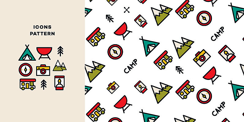 나무 아이콘 패턴 산 텐트 사람없음 여름휴가 바캉스 카메라 캠핑 패턴백그라운드 랜턴 나침반 캠핑카 바베큐그릴 2D아이콘 AI파일 식물 백그라운드 무늬 자동차 레저 휴가 조명 캠핑도구 전자제품 그릴 바비큐 파일형식 벡터 여름_계절