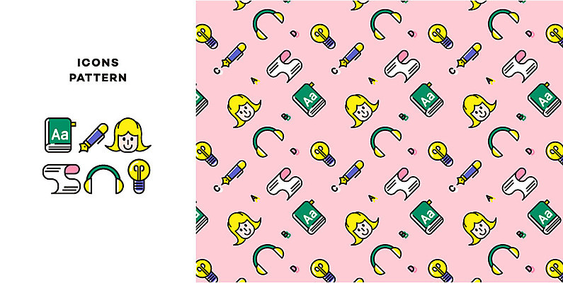 아이콘 영어 여자 교육 종이 어린이 패턴 전구 여러명 만년필 헤드셋 패턴백그라운드 라인아이콘 얼굴모양 아기자기 2D아이콘 AI파일 모양 문자 얼굴 음향기기 다수 백그라운드 컨셉 무늬 사람 펜 헤드폰 파일형식 벡터