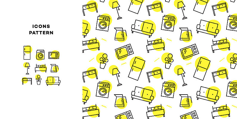 아이콘 화분 가구 패턴 탁자 주전자 사람없음 인테리어 소파 패턴백그라운드 침대 스탠드 전자레인지 냉장고 세탁기 2D아이콘 AI파일 디자인 생활용품 백그라운드 무늬 의자 주방용품 조명 가전제품 레인지 파일형식 벡터