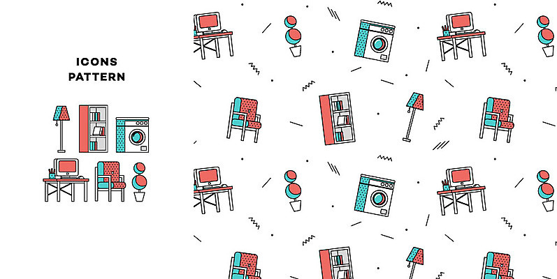 아이콘 화분 가구 패턴 의자 책장 사람없음 인테리어 컴퓨터 패턴백그라운드 스탠드 책상 드럼세탁기 2D아이콘 AI파일 디자인 생활용품 백그라운드 무늬 조명 전자제품 세탁기 파일형식 벡터