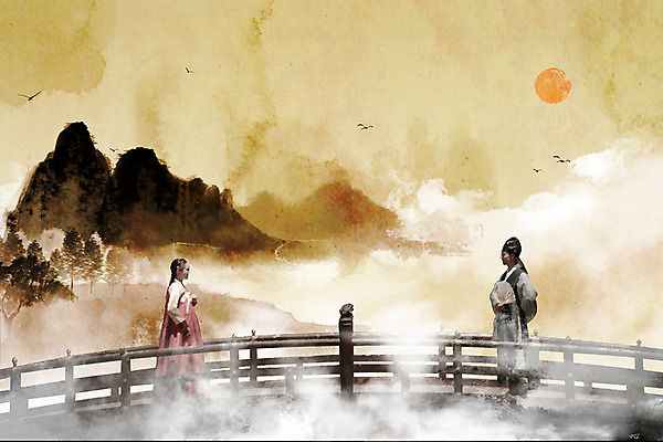 JPG 편집이미지 전통 커플 여자 남자 캘리그라피 조류 산 수묵화 20대 성인 두명 옆모습 태양 만남 한국인 부채 역사 연기 한복 산수화 디지털아트 성인만 사극 편집실사 자연요소 동물 한국전통 뷰포인트 컨셉 관계 미술 사람 동양인 청년 전통의상 동양화 CG 파일형식