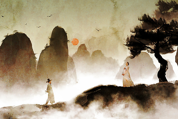 JPG 나무 편집이미지 전통 커플 여자 남자 캘리그라피 조류 산 수묵화 20대 성인 두명 옆모습 태양 한국인 역사 연기 한복 산수화 선비 디지털아트 성인만 사극 편집실사 갓모자 자연요소 식물 동물 모자_잡화 한국전통 뷰포인트 관계 전통소품 미술 사람 동양인 청년 전통의상 동양화 CG 파일형식