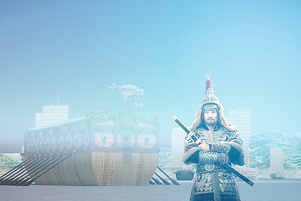 JPG 편집이미지 전통 남자 성인 앞모습 30대 한국인 역사 칼 장군 갑옷 거북선 홀로그램 디지털아트 성인남자한명만 사극 편집실사 직업 뷰포인트 사람 동양인 장년 보호장비 CG 남자한명만 성인남자만 파일형식