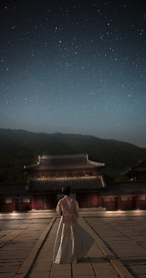 JPG 편집이미지 전통 여자 밤하늘 한명 20대 성인 뒷모습 궁전 한국인 역사 한복 디지털아트 성인여자한명만 사극 편집실사 1 한국전통 뷰포인트 고건축 하늘 사람 동양인 청년 야간 전통의상 CG 여자한명만 성인여자만 파일형식