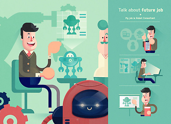 직업 캐릭터 남자 일러스트 직업캐릭터 여러명 성인 상담원 로봇 톱니바퀴 4차산업 국내일러스트 일러캐릭터 AI파일 산업 다수 사람 사무원 파일형식 벡터