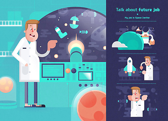 직업 캐릭터 남자 일러스트 미래 직업캐릭터 성인 세명 우주 인공위성 쓰레기 유성 우주선 우주복 청소부 국내일러스트 일러캐릭터 AI파일 옷 컨셉 통신 사람 파일형식 벡터