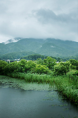 포토 JPG 주간 호수 산 풍경 사람없음 야외 연못 비 비구름 개구리밥 국내포토 자연요소 식물 날씨 먹구름 파일형식 구름_자연