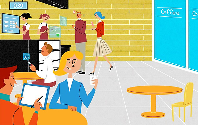 PSD 여자 남자 의자 일러스트 탁자 실내 여러명 성인 스마트폰 스마트기기 태블릿 카페 종업원 계산대 스마트 주문 터치스크린 국내일러스트 직업 가구 다수 컨셉 사람 내부 전자제품 핸드폰 상점 파일형식