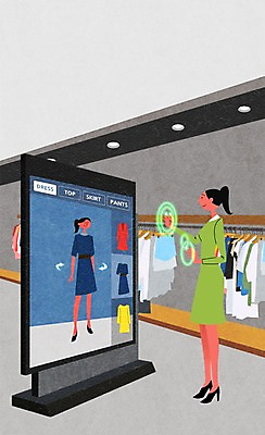 PSD 옷 여자 일러스트 실내 한명 성인 스마트기기 쇼핑 스마트 옷가게 가상공간 터치스크린 스토어 국내일러스트 1 컨셉 사람 내부 전자제품 상점 파일형식