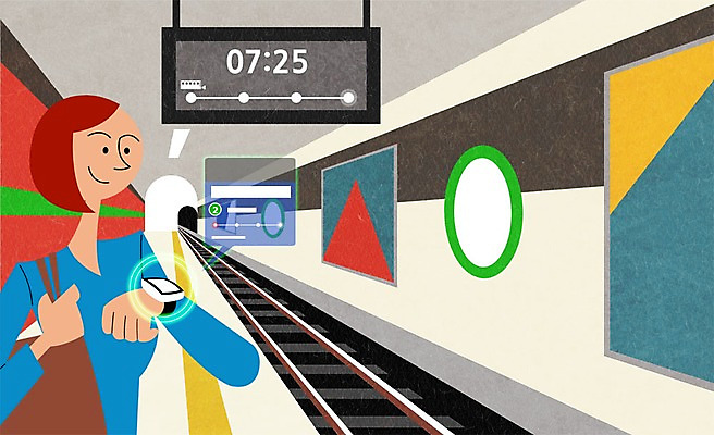 PSD 여자 일러스트 한명 성인 스마트기기 스마트 전철역 스마트워치 국내일러스트 1 컨셉 사람 전자제품 역 웨어러블 파일형식