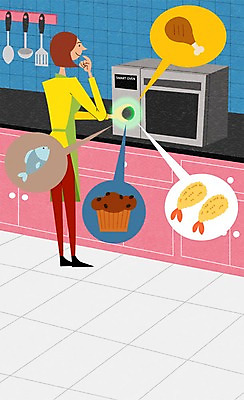 PSD 여자 일러스트 실내 어류 성인 스마트기기 주방 닭고기 오븐 스마트 국자 머핀 뒤집개 레시피 새우튀김 국내일러스트 빵 컨셉 주방용품 새우 육류 사람 내부 전자제품 수중동물 가전제품 튀김 파일형식