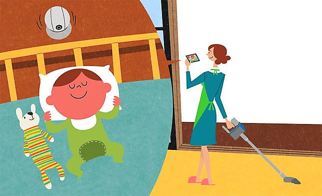 PSD 여자 남자 인형 일러스트 실내 성인 두명 스마트폰 스마트기기 아기 청소 스마트 청소기 감시카메라 국내일러스트 컨셉 사람 내부 전자제품 핸드폰 카메라 청소도구 파일형식