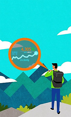 주간 PSD 구름 남자 일러스트 배낭 산 한명 성인 야외 스마트기기 등산 스마트 스마트워치 국내일러스트 자연요소 1 컨셉 가방 사람 전자제품 트래킹 웨어러블 파일형식