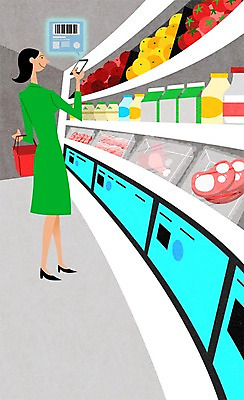 PSD 여자 과일 일러스트 유제품 실내 생고기 한명 성인 스마트폰 스마트기기 장보기 스마트 바코드 식료품점 국내일러스트 1 컨셉 육류 사람 내부 전자제품 핸드폰 상점 파일형식