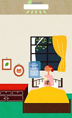 PSD 여자 액자 일러스트 창문 전등 실내 한명 성인 스마트폰 스마트기기 침대 커튼 스마트 서랍장 국내일러스트 1 가구 컨셉 조명 사람 내부 전자제품 핸드폰 파일형식