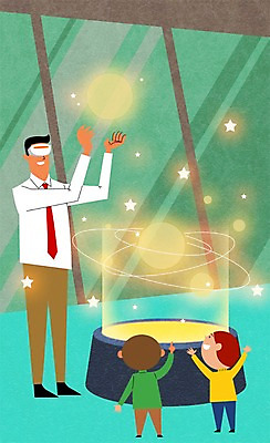 PSD 남자 별 어린이 과학 일러스트 실내 성인 세명 스마트기기 달 스마트 가상현실 오큘러스 VR기기 국내일러스트 자연요소 컨셉 사람 내부 전자제품 기계 파일형식