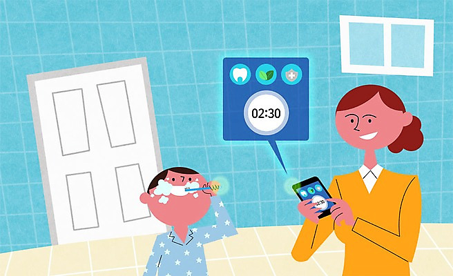 PSD 여자 남자 어린이 일러스트 창문 실내 성인 두명 스마트폰 스마트기기 문 욕실 양치 칫솔 스마트 치아건강 국내일러스트 컨셉 건강 사람 내부 전자제품 핸드폰 위생용품 청결 파일형식