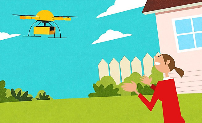 주간 PSD 구름 여자 일러스트 주택 한명 성인 야외 스마트기기 울타리 상자 스마트 배송 택배 드론 국내일러스트 자연요소 1 컨셉 사람 건물 전자제품 담장 운송업 파일형식