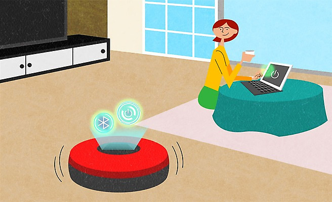 PSD 여자 거실 일러스트 탁자 실내 한명 성인 노트북 스마트기기 텔레비전 스마트 청소로봇 4차산업 국내일러스트 1 산업 가구 컨셉 사람 내부 전자제품 로봇 파일형식