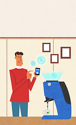 PSD 남자 커피 액자 일러스트 실내 한명 성인 스마트폰 스마트기기 커피잔 커피메이커 스마트 블루투스 자동화 국내일러스트 1 음료 컨셉 잔 사람 내부 전자제품 핸드폰 커피용품 파일형식