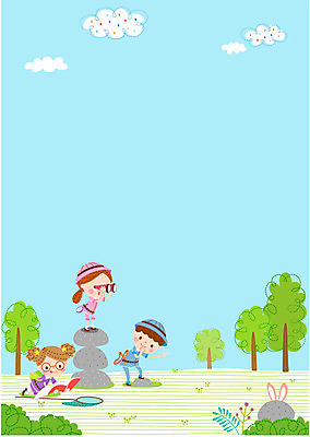 나무 구름 여자 교육 남자 어린이 일러스트 자연 책 세명 망원경 탐험 바위 모험가 채집망 프레임일러스트 국내일러스트 AI파일 자연요소 식물 프레임 사람 돌_바위 생태계 파일형식 벡터