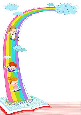 구름 여자 교육 남자 어린이 무지개 일러스트 책 세명 미끄럼틀 프레임일러스트 국내일러스트 AI파일 자연요소 프레임 사람 놀이기구 파일형식 벡터