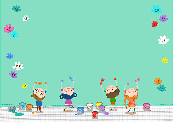 여자 교육 남자 어린이 일러스트 여러명 페인트통 미술교육 물감놀이 손도장 프레임일러스트 국내일러스트 AI파일 다수 놀이 프레임 통 미술 사람 페인트 색칠 파일형식 벡터