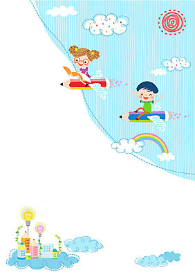 구름 여자 교육 남자 어린이 무지개 일러스트 전구 두명 책 태양 연필 비행 프레임일러스트 국내일러스트 AI파일 자연요소 학용품 프레임 사람 필기구 파일형식 벡터