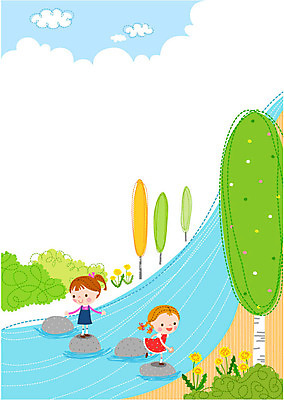 나무 구름 여자 교육 어린이 일러스트 두명 개울 돌다리 프레임일러스트 국내일러스트 AI파일 자연요소 식물 프레임 사람 강 다리_건축물 파일형식 벡터