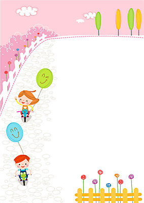 나무 구름 여자 교육 남자 어린이 일러스트 두명 울타리 자전거 풍선 프레임일러스트 국내일러스트 AI파일 자연요소 식물 프레임 사람 담장 바이크 파일형식 벡터