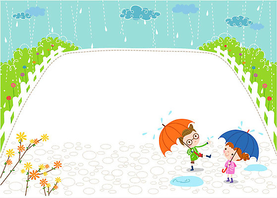 구름 여자 교육 남자 꽃 어린이 일러스트 우산 장화 두명 울타리 비 우비 프레임일러스트 국내일러스트 AI파일 자연요소 식물 옷 신발 날씨 프레임 사람 담장 파일형식 벡터