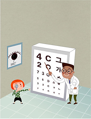 여자 남자 어린이 일러스트 병원 성인 두명 진료 환자 의사 신체검사 시력검사 건강검진 시력검사기 시력검사표 국내일러스트 AI파일 의학 사람 의료진 검사_조사 파일형식 벡터