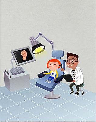 여자 남자 어린이 일러스트 병원 성인 두명 컴퓨터 진료 환자 의사 귀 신체검사 건강검진 서류판 진료기 진료실 청력검사 국내일러스트 AI파일 의학 사람 신체부위 전자제품 사무용품 의료진 검사_조사 파일형식 벡터