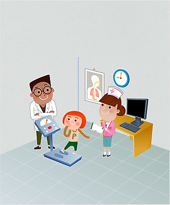 여자 남자 어린이 시계 일러스트 병원 성인 세명 컴퓨터 진료 환자 간호사 의사 책상 체중계 신체검사 건강검진 간호사모자 서류판 국내일러스트 AI파일 모자_잡화 가구 의학 사람 전자제품 사무용품 의료진 검사_조사 파일형식 벡터