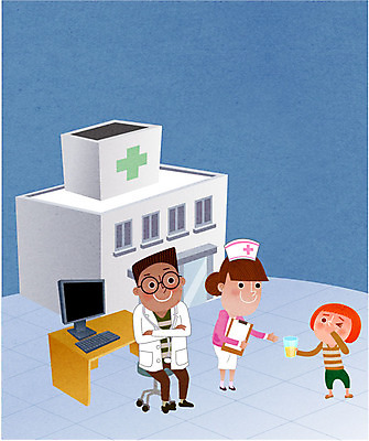 여자 남자 어린이 일러스트 병원 성인 세명 컴퓨터 진료 환자 간호사 의사 책상 신체검사 건강검진 간호사모자 소변검사 국내일러스트 AI파일 모자_잡화 가구 의학 사람 전자제품 의료진 검사_조사 파일형식 벡터