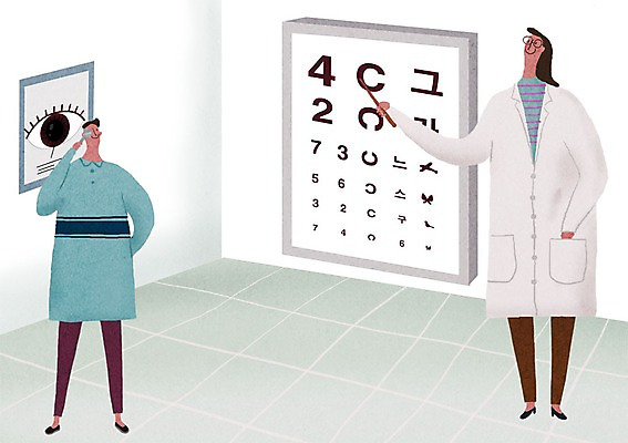 PSD 여자 남자 어린이 일러스트 병원 성인 두명 진료 환자 의사 신체검사 시력검사 건강검진 시력검사기 시력검사표 국내일러스트 의학 사람 의료진 검사_조사 파일형식