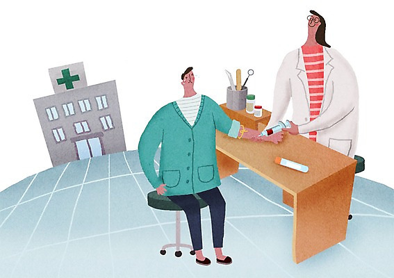 PSD 여자 남자 어린이 의자 일러스트 병원 주사기 성인 두명 진료 환자 의사 책상 신체검사 건강검진 혈액검사 국내일러스트 가구 의학 의료기기 사람 의료진 검사_조사 파일형식