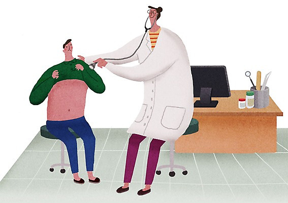 PSD 여자 남자 어린이 일러스트 청진기 병원 성인 두명 모니터 진료 환자 의사 책상 신체검사 건강검진 국내일러스트 가구 의학 의료기기 사람 컴퓨터 의료진 검사_조사 파일형식