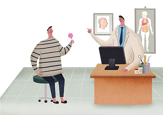 PSD 남자 어린이 의자 일러스트 병원 막대사탕 성인 두명 모니터 진료 환자 의사 책상 신체검사 건강검진 국내일러스트 가구 의학 사탕 사람 컴퓨터 의료진 검사_조사 파일형식