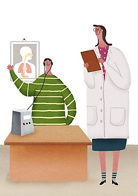 PSD 여자 남자 어린이 일러스트 병원 성인 두명 진료 환자 의사 책상 신체검사 건강검진 서류판 청력검사 국내일러스트 가구 의학 사람 사무용품 의료진 검사_조사 파일형식